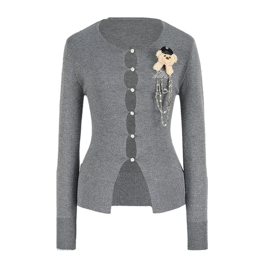 13DE MARZO Sparkle Pearl Chain Cardigan Dark Grey
