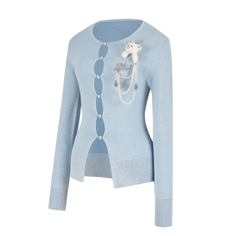13DE MARZO Sparkle Pearl Chain  Cardigan Blue