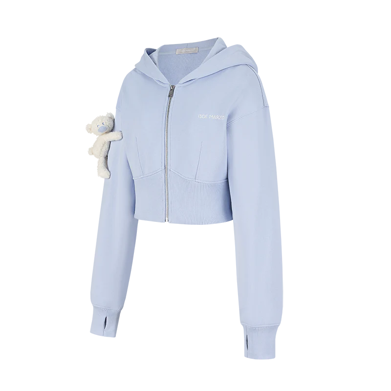 13DE MARZO Tapered Waist Bear Zip Hoodie Blue