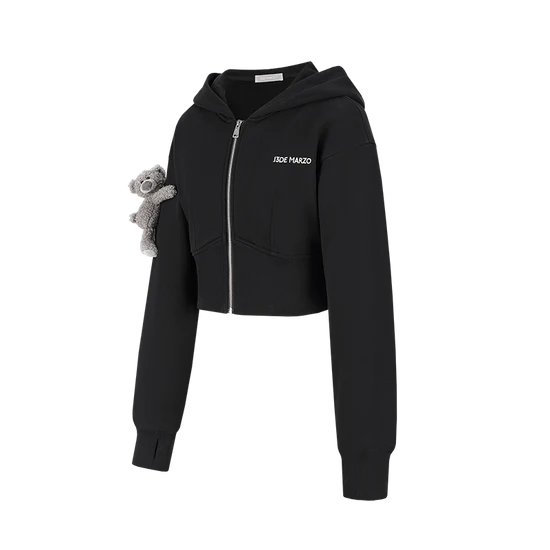 13DE MARZO Tapered Waist Bear Zip Hoodie Black