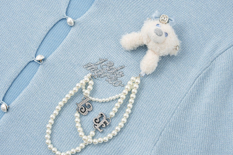 13DE MARZO Sparkle Pearl Chain  Cardigan Blue