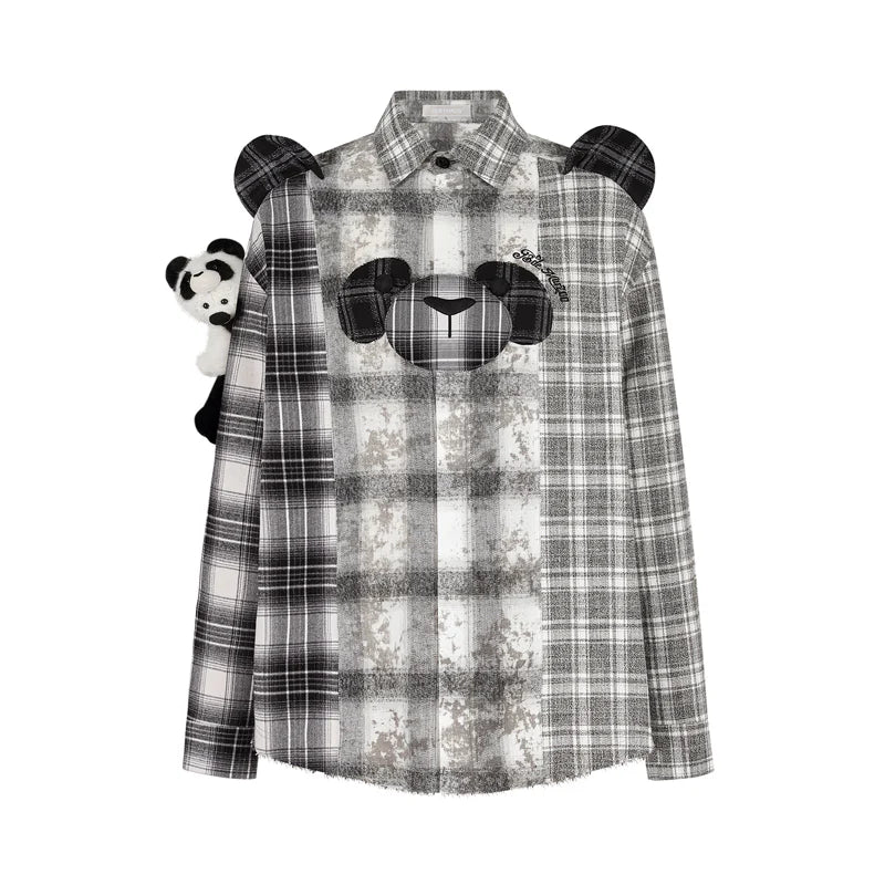 13DE MARZO Panda Bear Checkered Shirt