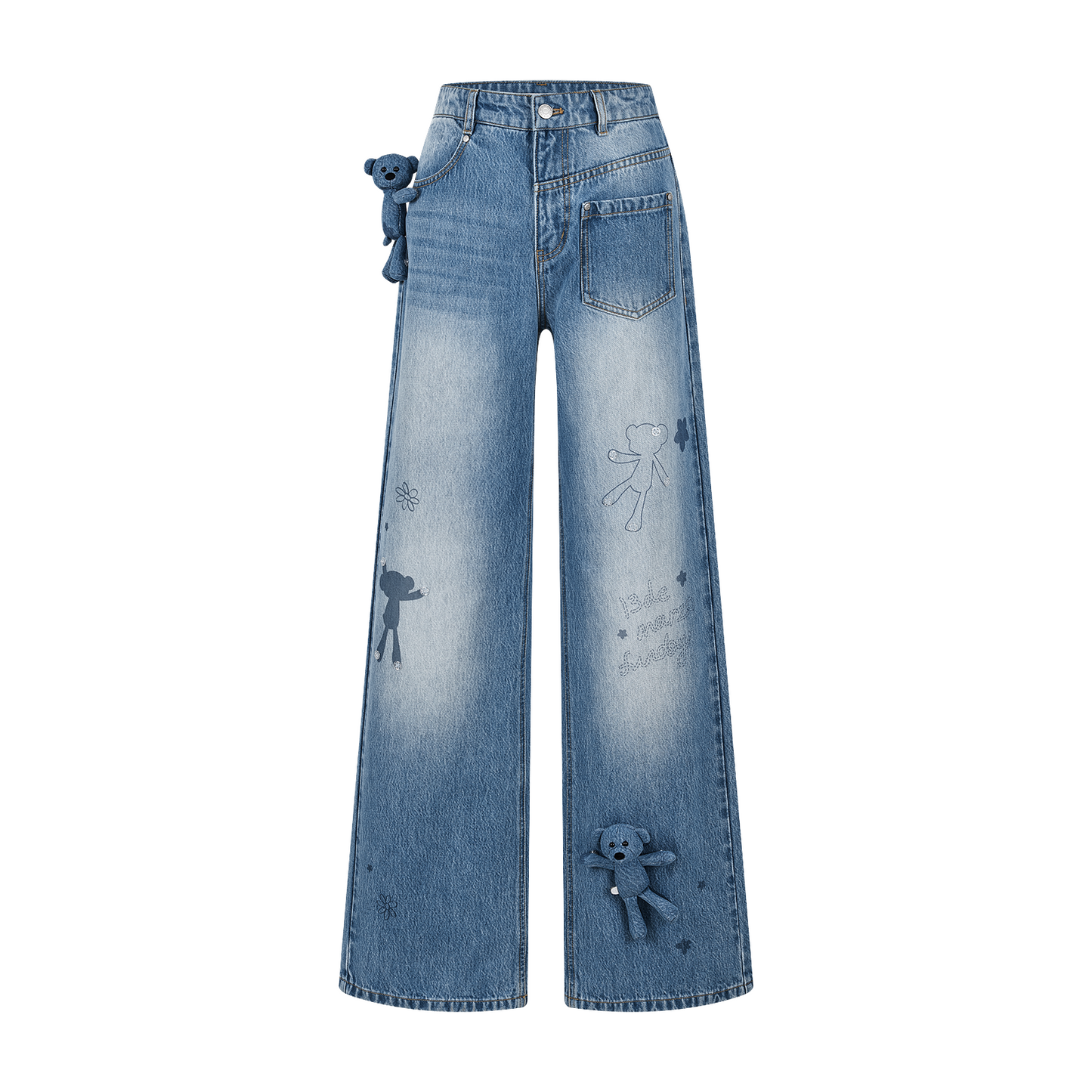 13DE MARZO Doozoo Bear Sketch Print Jeans Blue