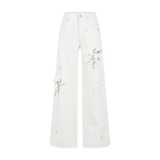 13DE MARZO Doozoo Bear Sketch Print Jeans White