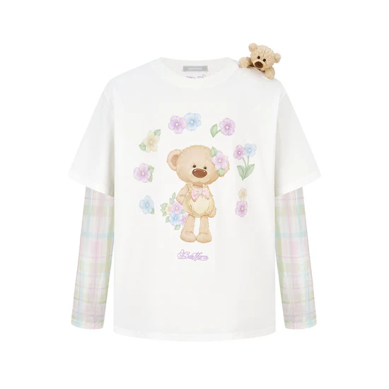 13DE MARZO Floral Appliqué Style Long Sleeve T-shirt White