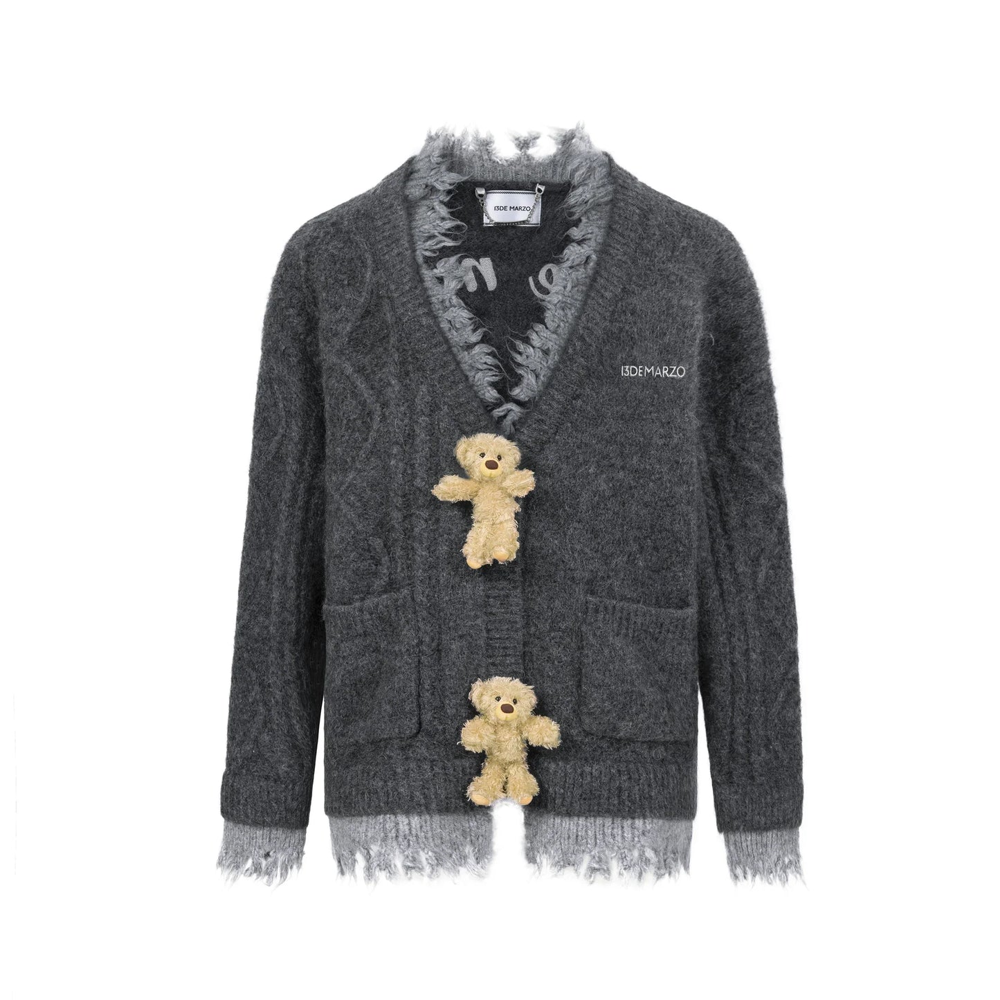 13DE MARZO BEAR BUTTON UNEDGED CARDIGAN