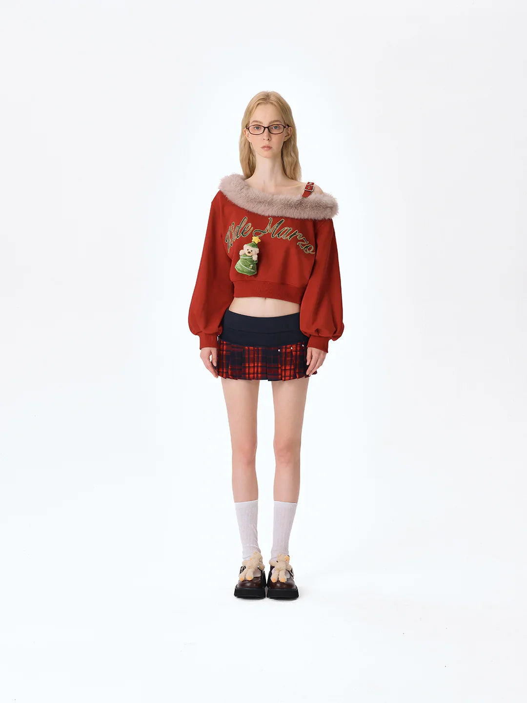 13DE MARZO Bear Christmas Off Shoulder Sweater