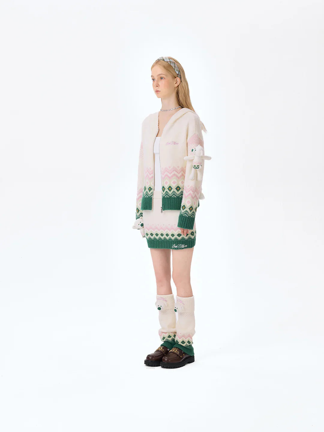 13DE MARZO Fair Isle Bear Cardigan Beige