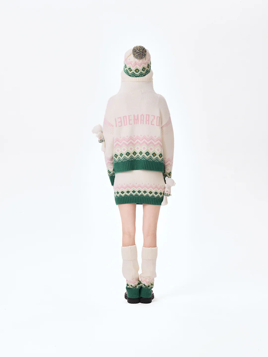 13DE MARZO Fair Isle Bear Cardigan Beige