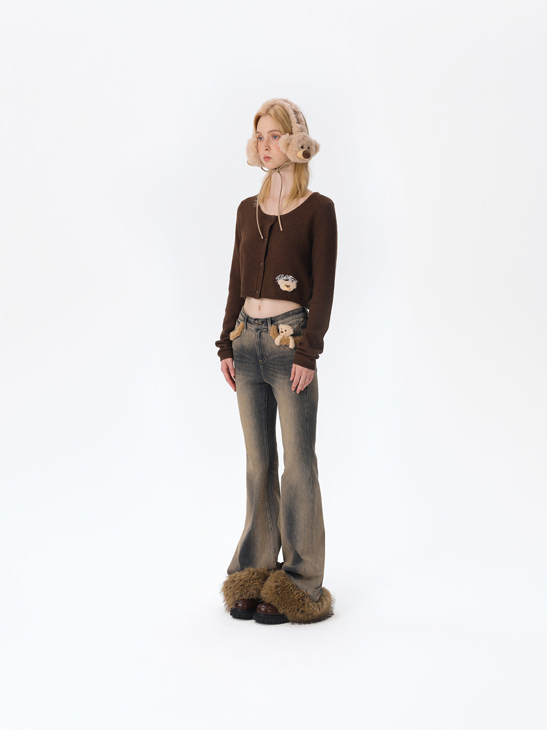 13DE MARZO Bear Vintage Fur Bell Bottom Jeans Navy blue