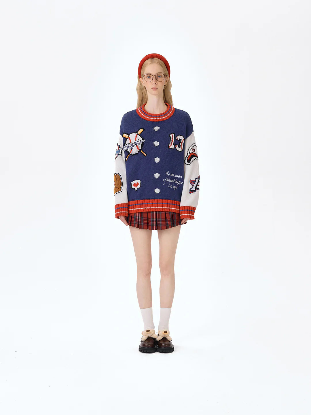 13DE MARZO Pixel Bear Baseball Sweater Blue