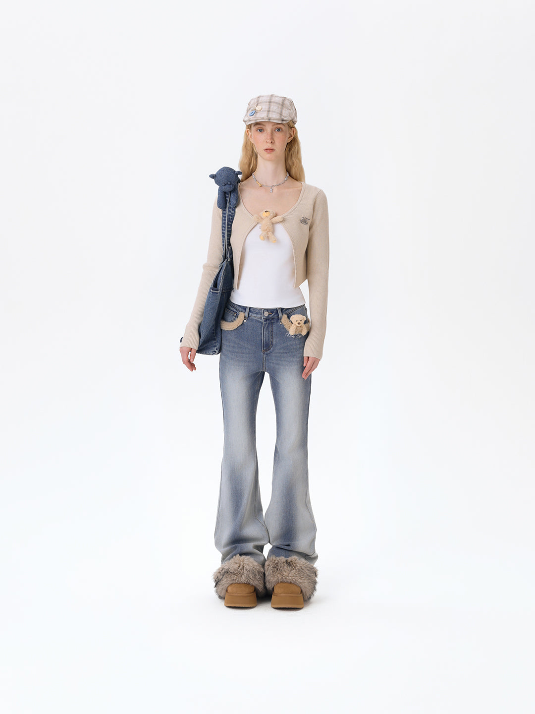 13DE MARZO Bear Vintage Fur Bell Bottom Jeans Blue
