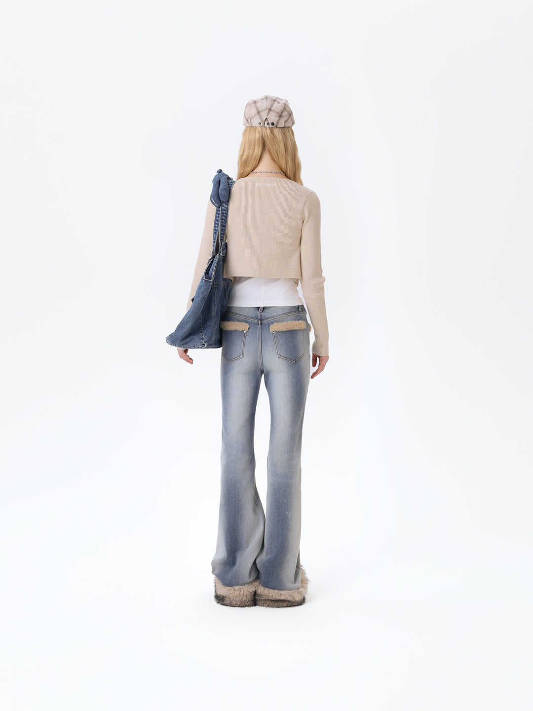 13DE MARZO Bear Vintage Fur Bell Bottom Jeans Blue