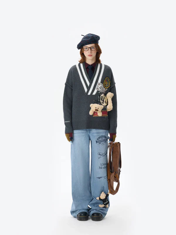 Harry Potter × 13DE MARZO Platform 9¾ Bear V-neck Sweater - Grey