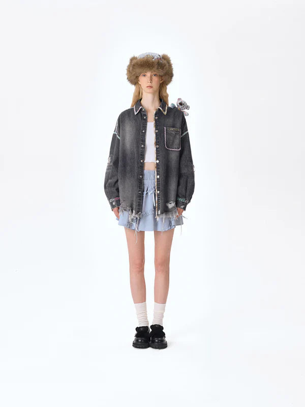 13DE MARZO Bear Plaid Line Denim Jacket