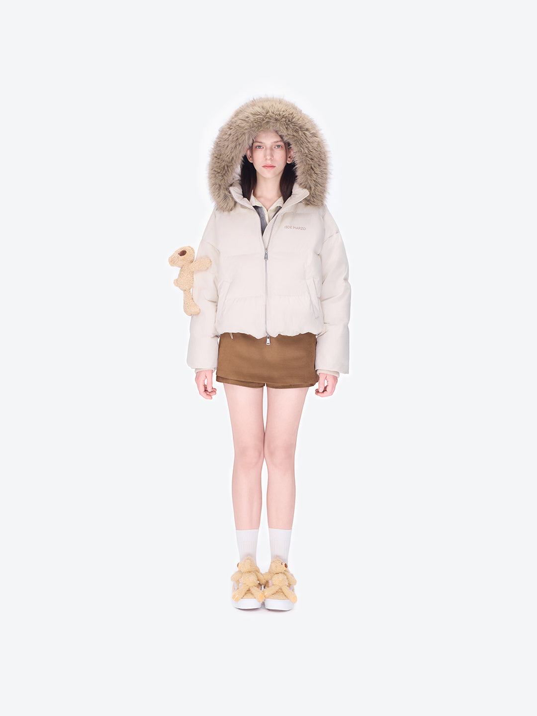 13DE MARZO Bear Fuzzy Hood Down Jacket Almond