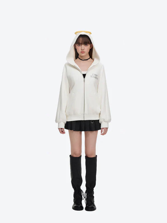 13DE MARZO Angel Devil Bear Zipped Hoodie/ WHITE