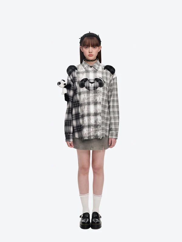 13DE MARZO Panda Bear Checkered Shirt