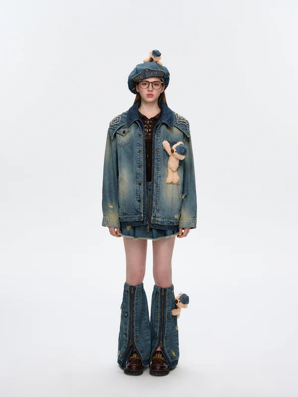 13DE MARZO Denim Cuffed Beret Hat