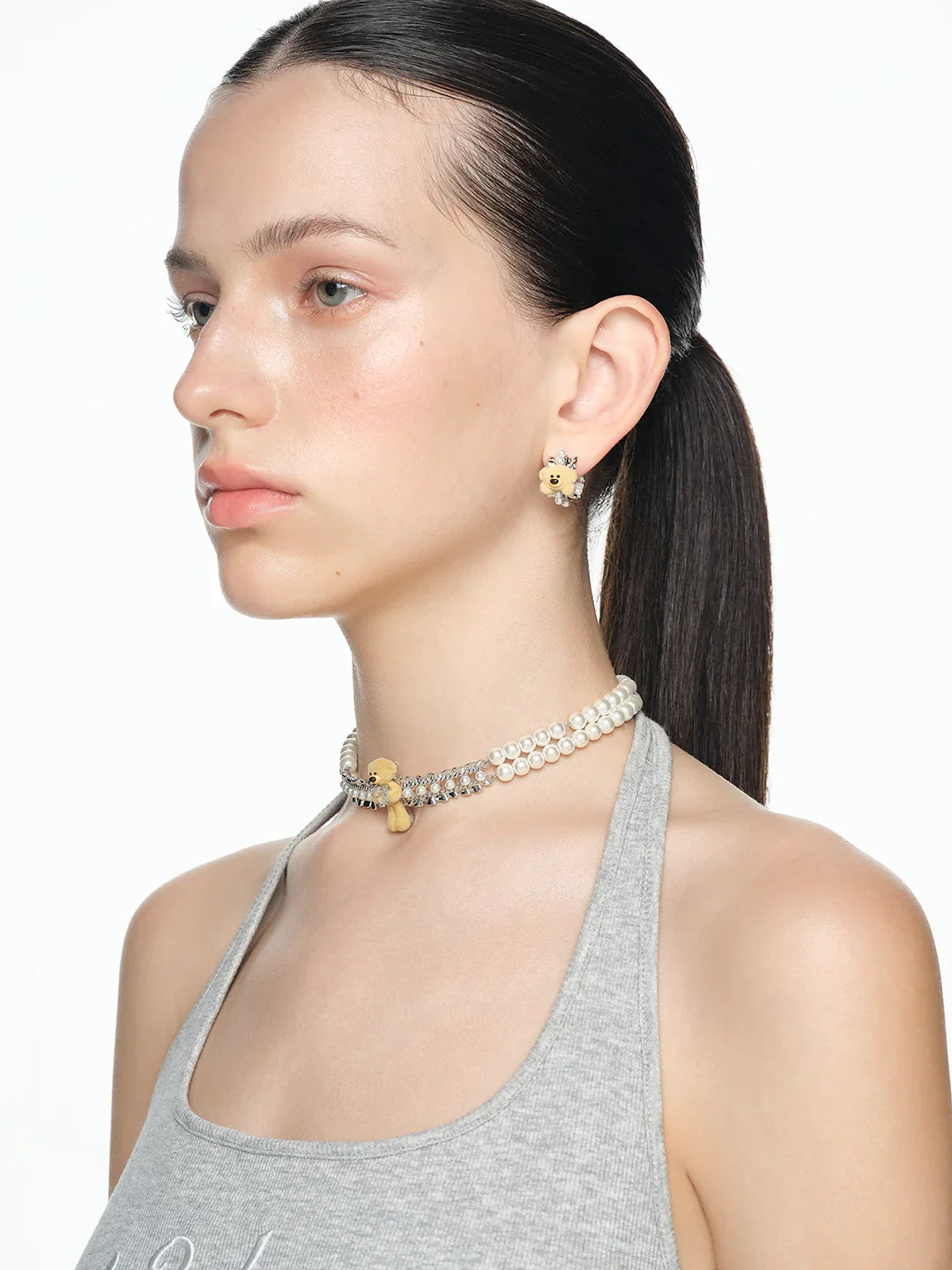 13DE MARZO Bear Pearl Bow Zircon Heart Necklace