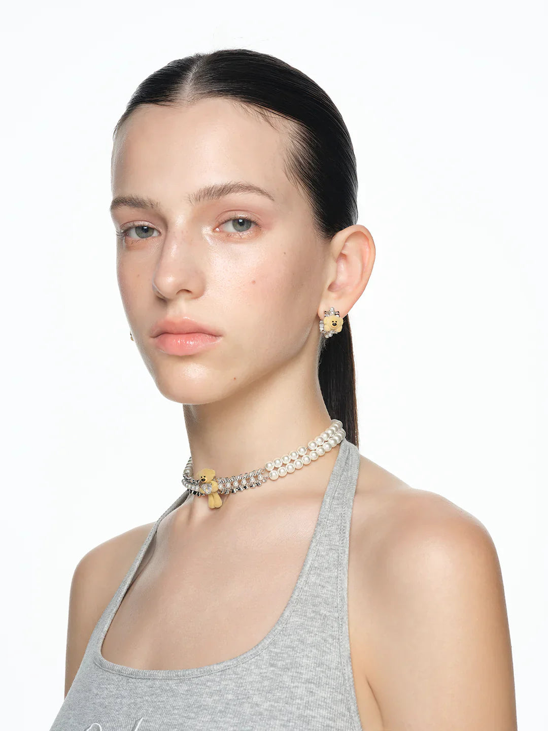 13DE MARZO Bear Pearl Bow Zircon Heart Necklace