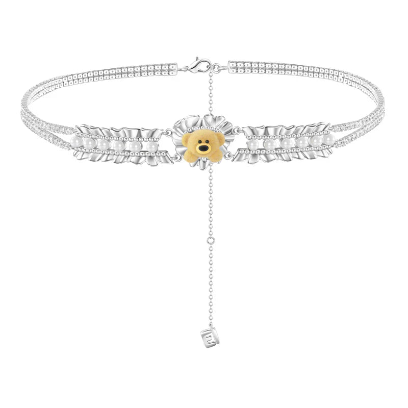13DE MARZO Bear Pearl Bow Zircon Necklace