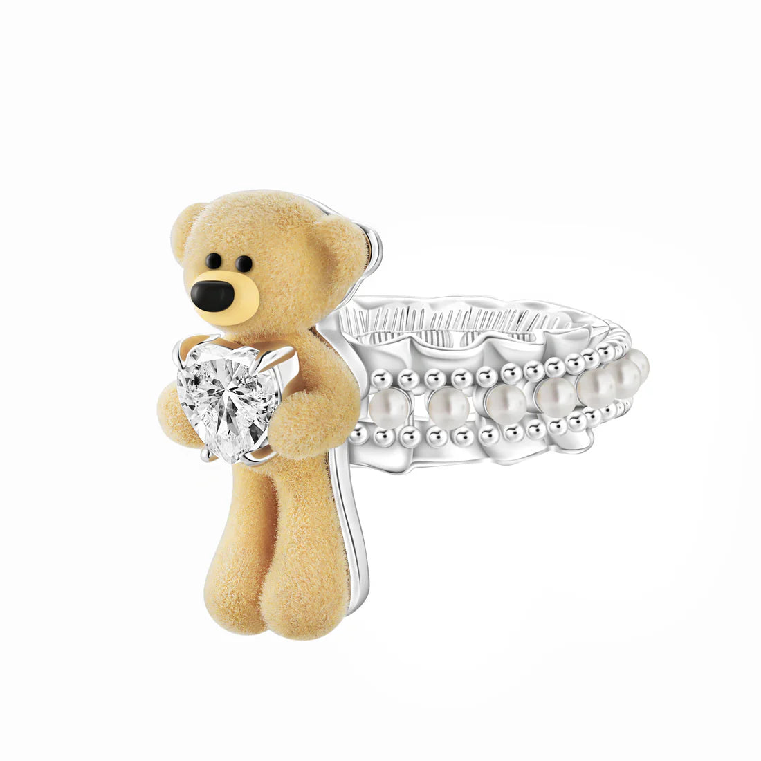 13DE MARZO Bear Pearl Zircon Heart Ring