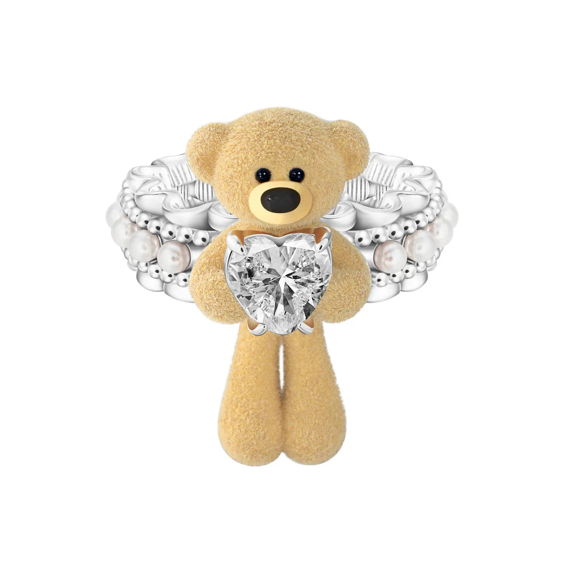 13DE MARZO Bear Pearl Zircon Heart Ring