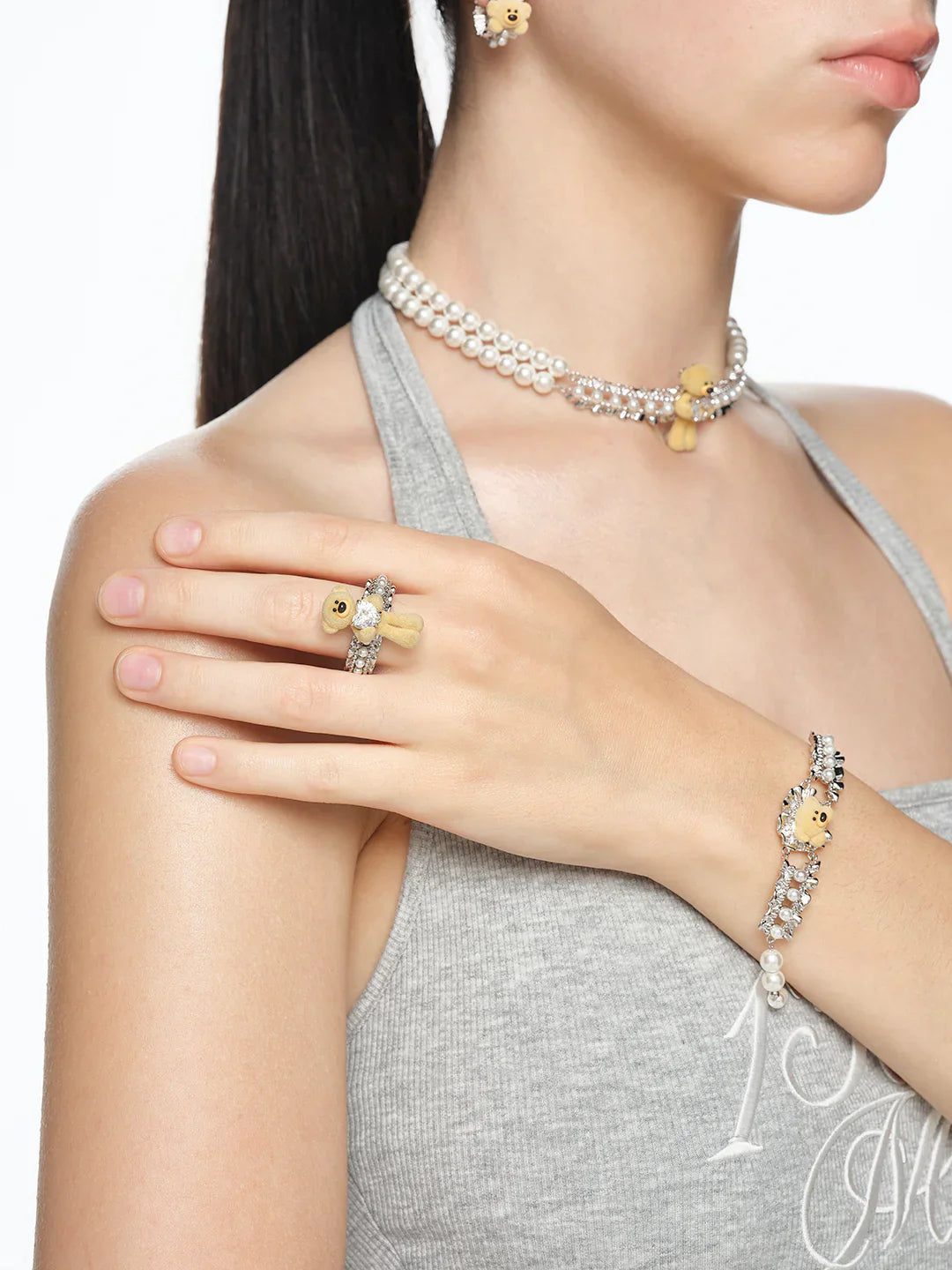 13DE MARZO Bear Pearl Zircon Heart Ring