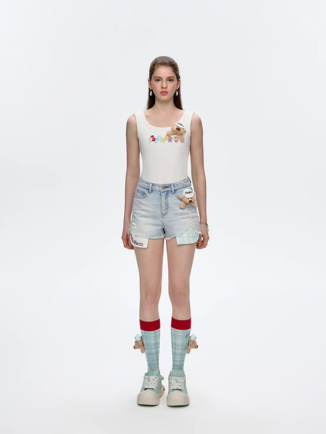 13DE MARZO Plaid Pocket Denim Shorts Blue