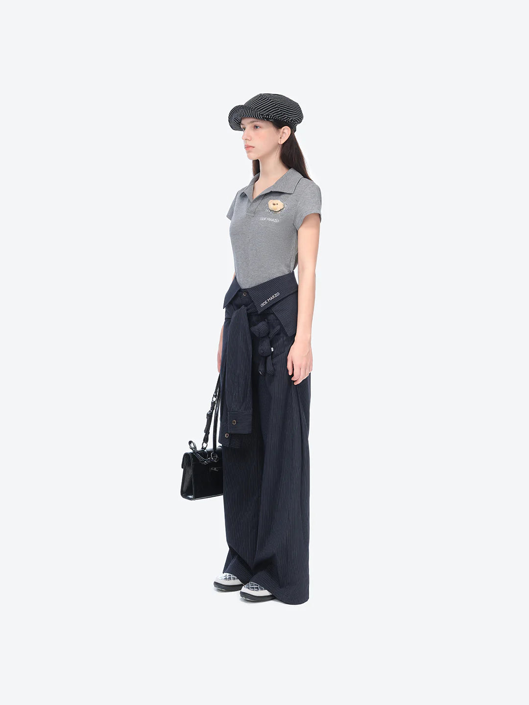 13DE MARZO Faux Rhinestones Fitted Polo Shirt Grey