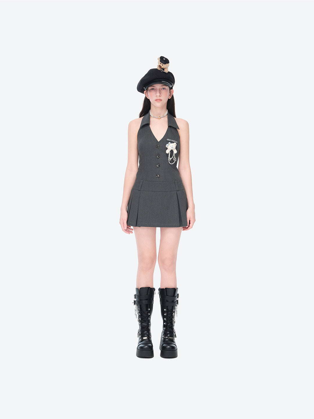 13DE MARZO Glass Print Octagonal Beret Black