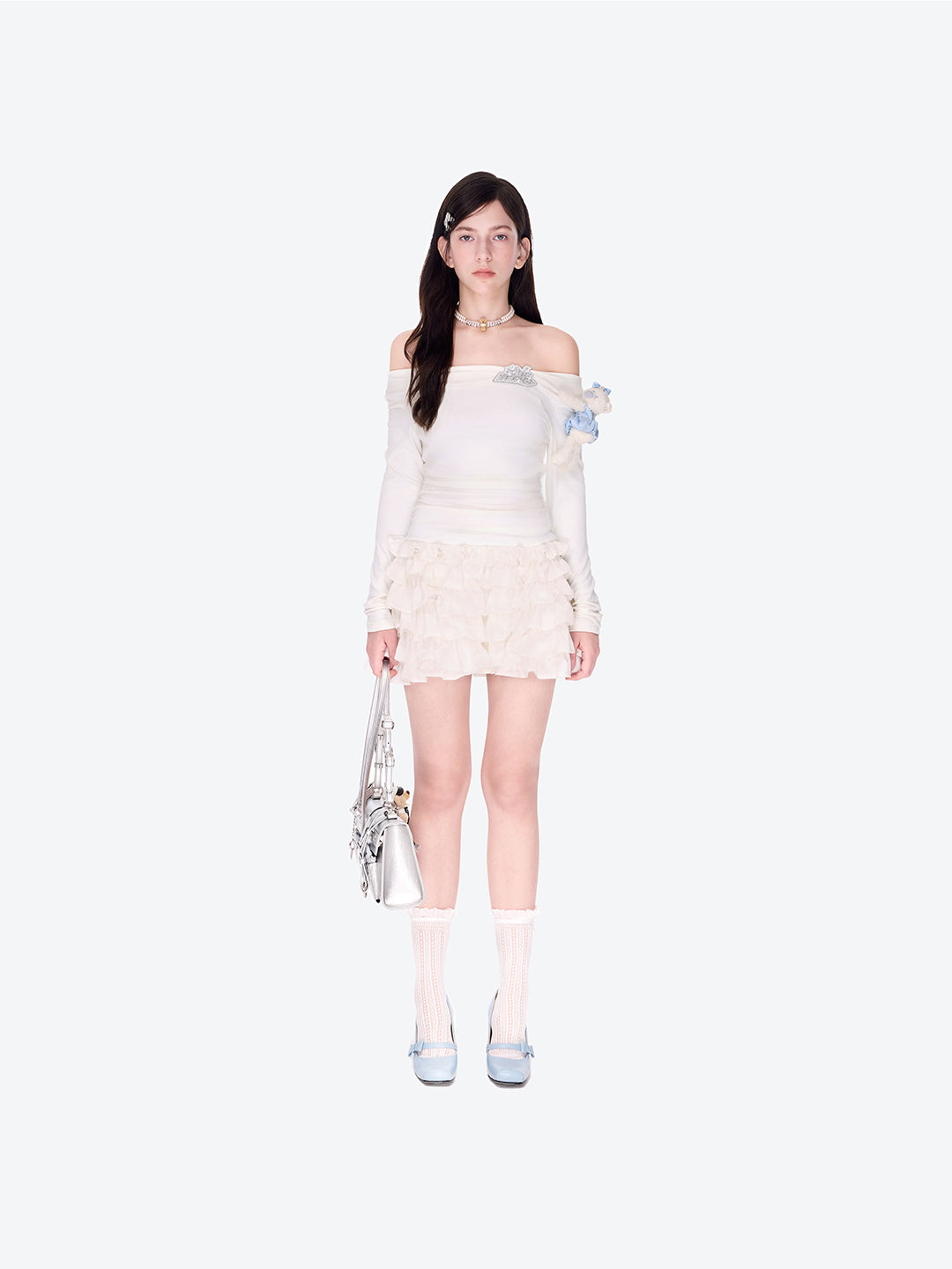 13DE MARZO Off-Shoulder Tiered Dress White