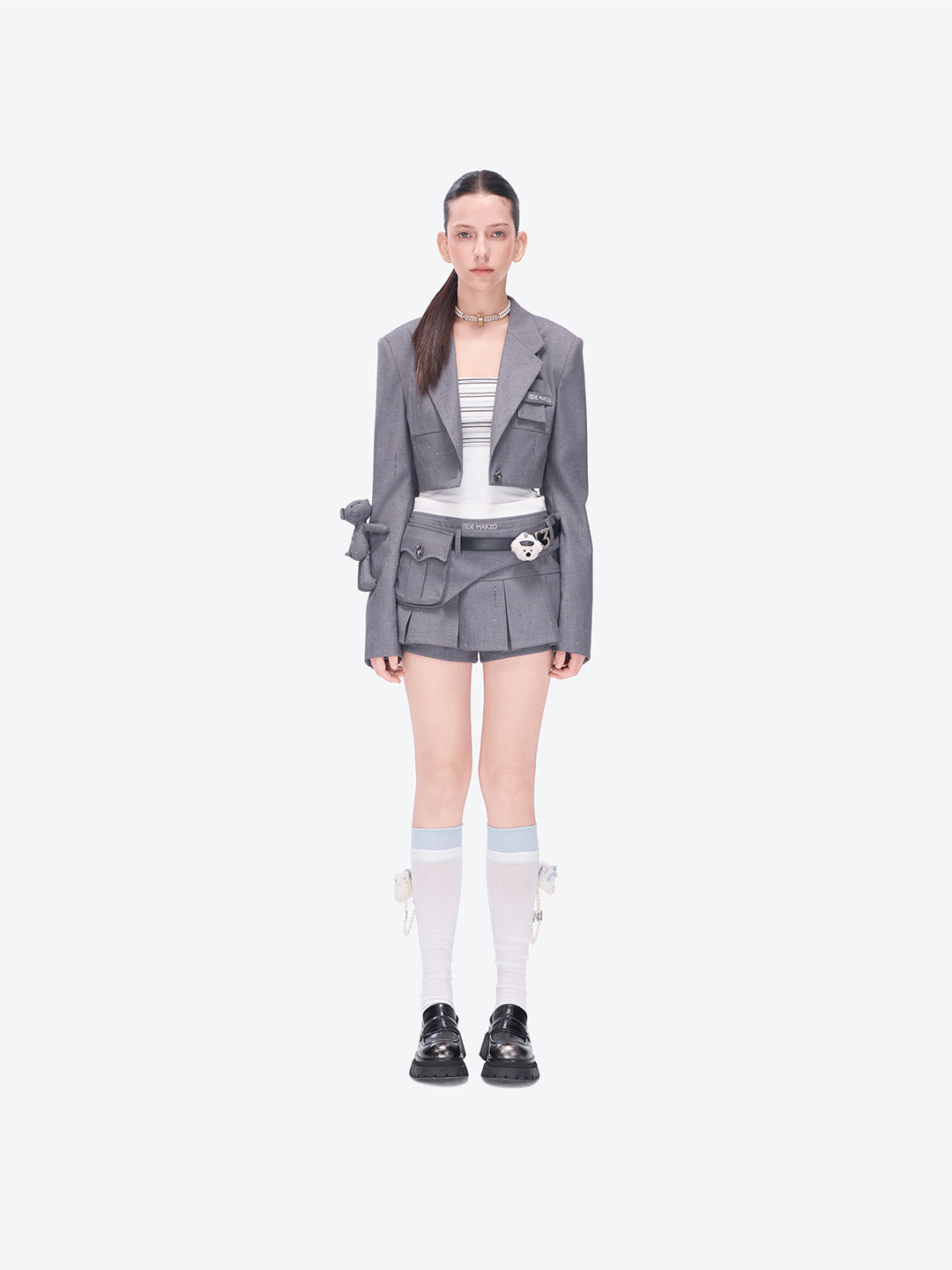 13DE MARZO Pocket Blazer Pleated Skirt Grey