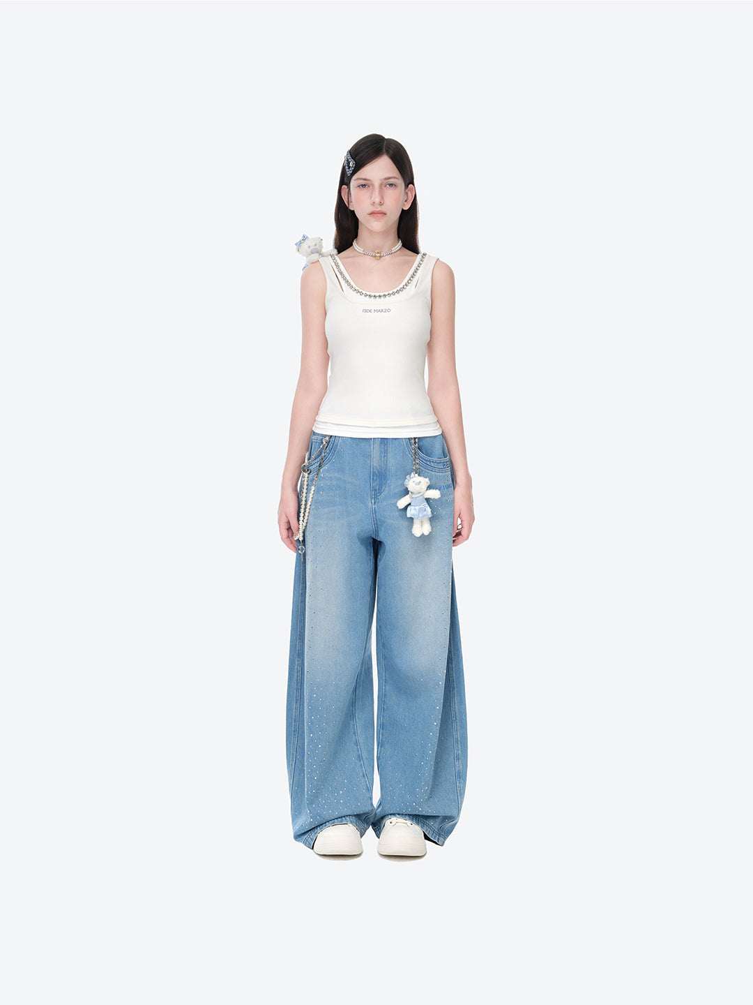 13DE MARZO Faux Rhinestones Pearl Chains Jeans Blue