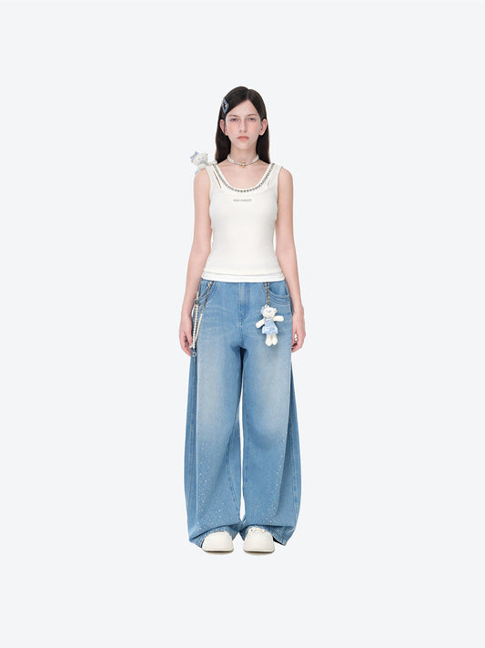 13DE MARZO Faux Rhinestones Pearl Chains Jeans Blue