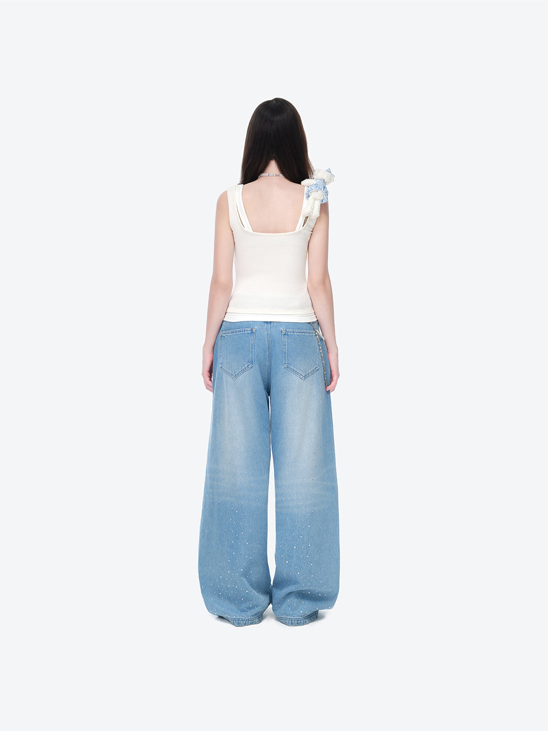 13DE MARZO Faux Rhinestones Pearl Chains Jeans Blue