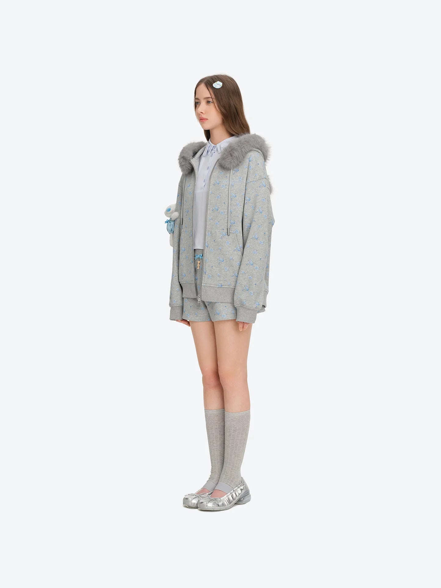 13DE MARZO Floral Print Hoodie with Fur Collar Grey