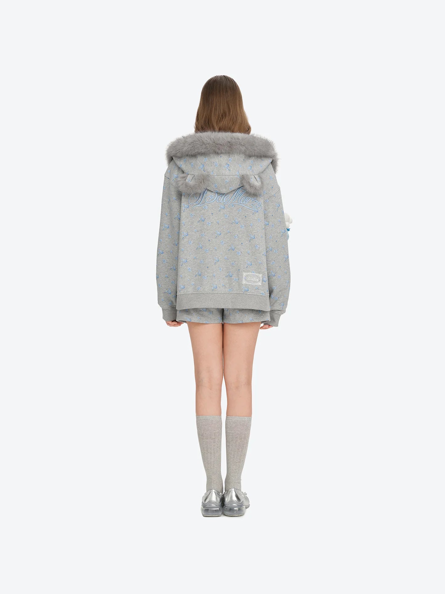 13DE MARZO Floral Print Hoodie with Fur Collar Grey