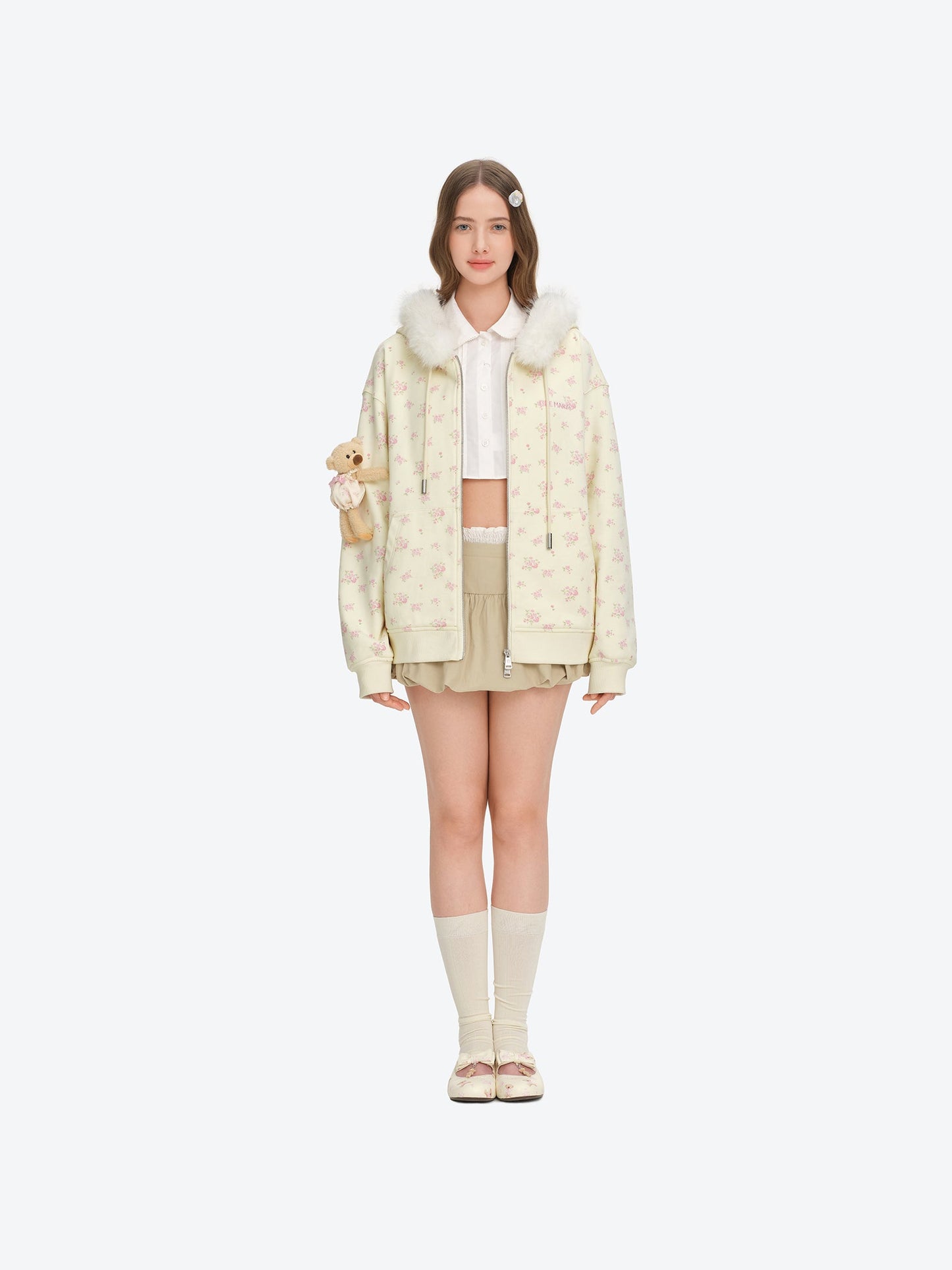 13DE MARZO Floral Print Hoodie with Fur Collar Beige