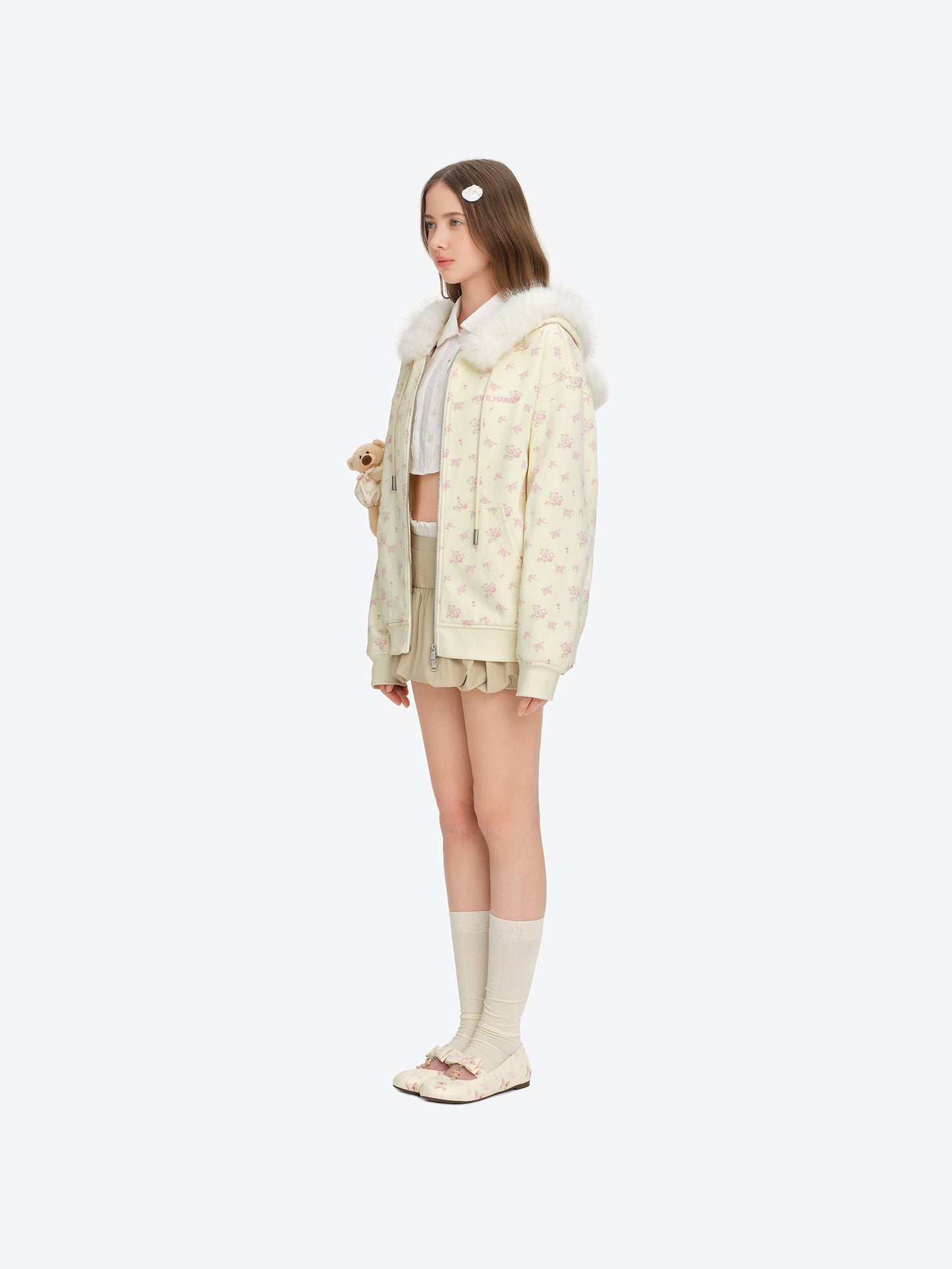 13DE MARZO Floral Print Hoodie with Fur Collar Beige