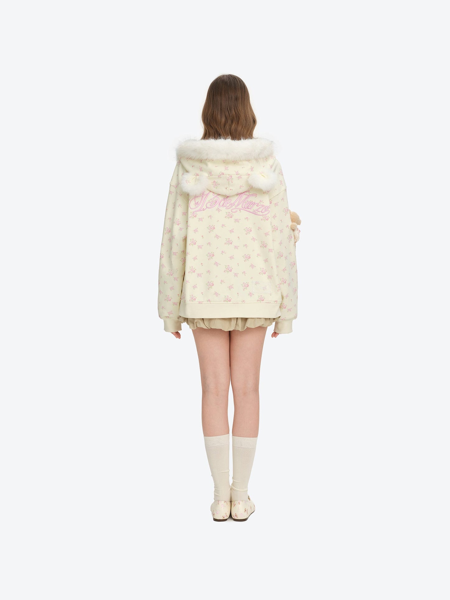 13DE MARZO Floral Print Hoodie with Fur Collar Beige
