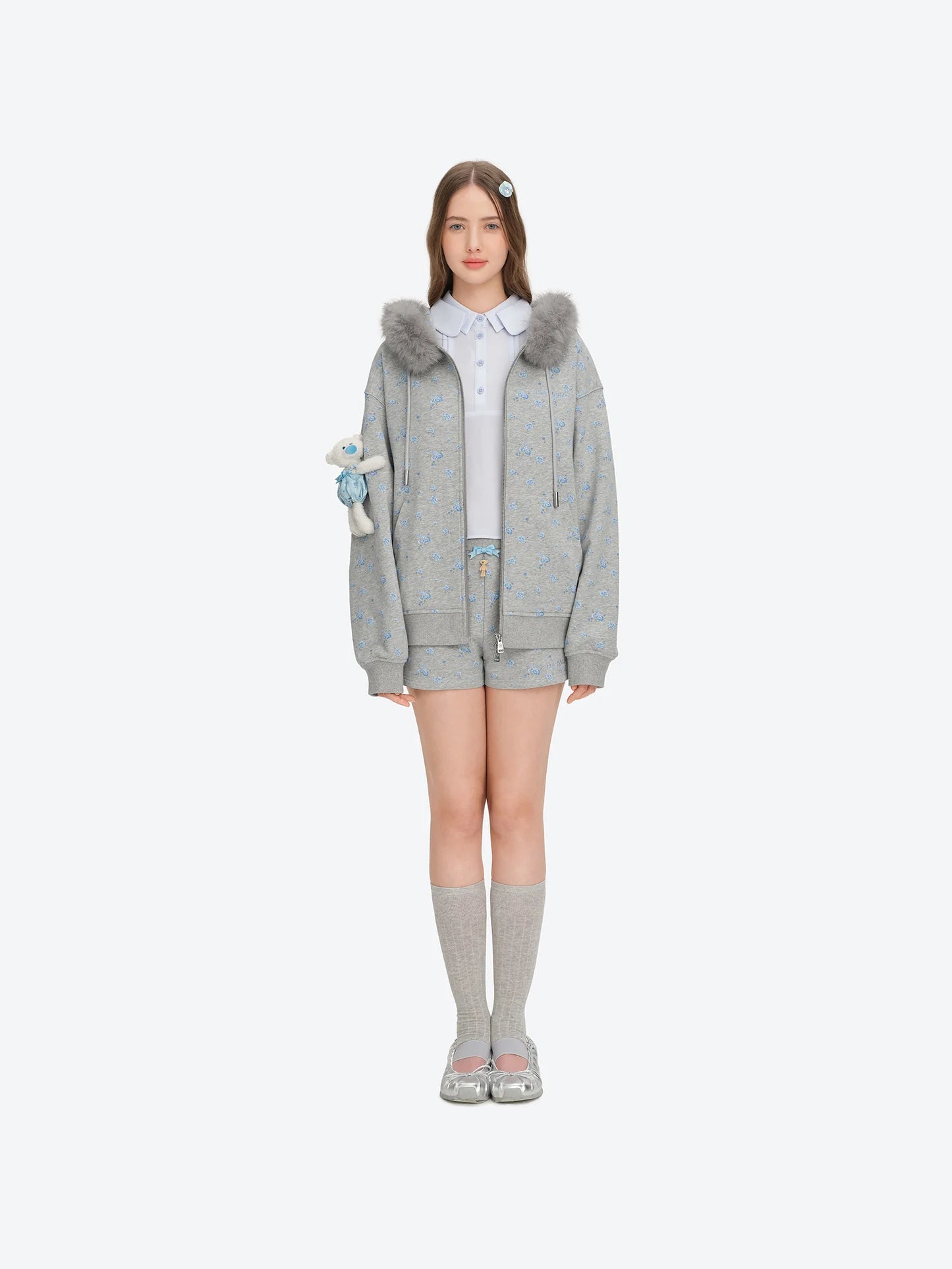 13DE MARZO Floral Print Hoodie with Fur Collar Grey