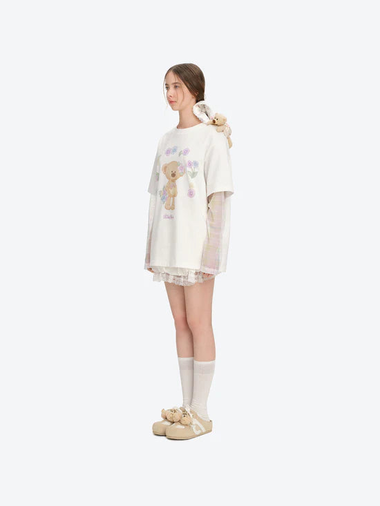 13DE MARZO Floral Appliqué Style Long Sleeve T-shirt White