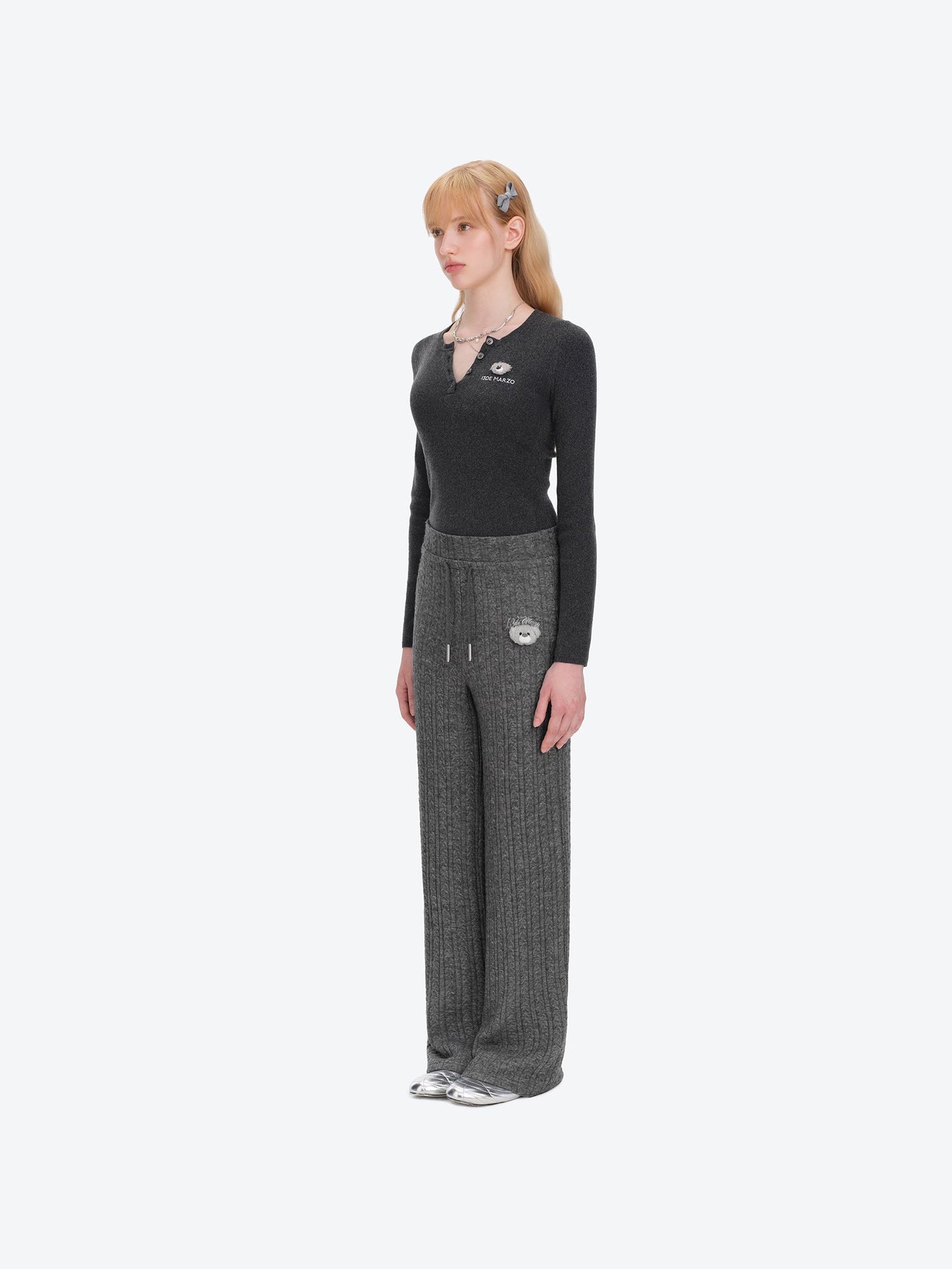 13DE MARZO Mini Bear Knit Trousers Grey