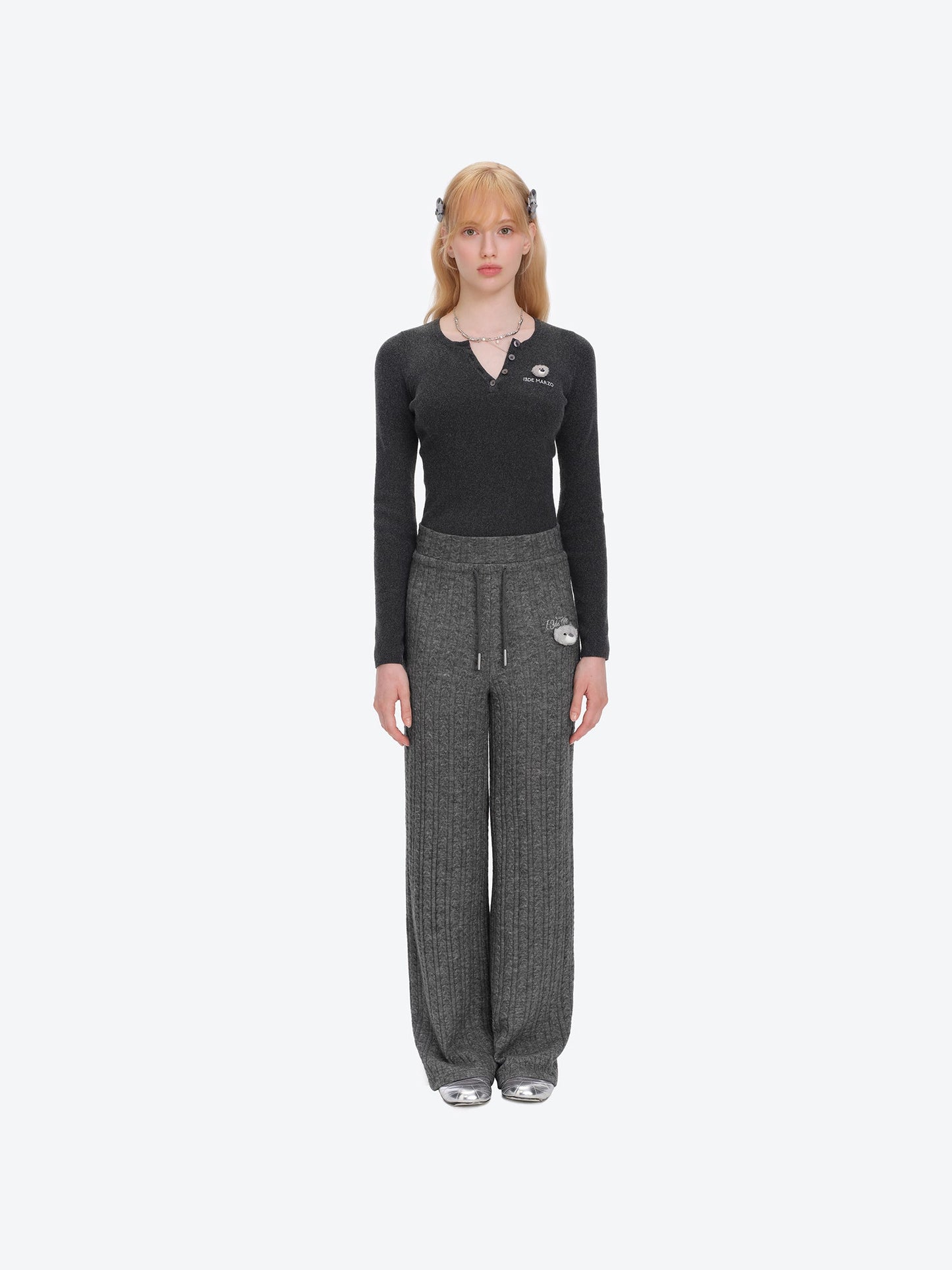 13DE MARZO Mini Bear Knit Trousers Grey