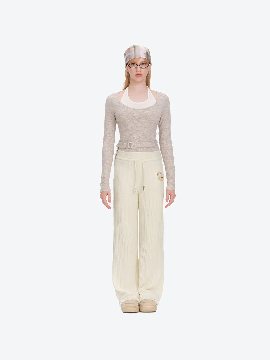 13DE MARZO Mini Bear Knit Trousers Beige