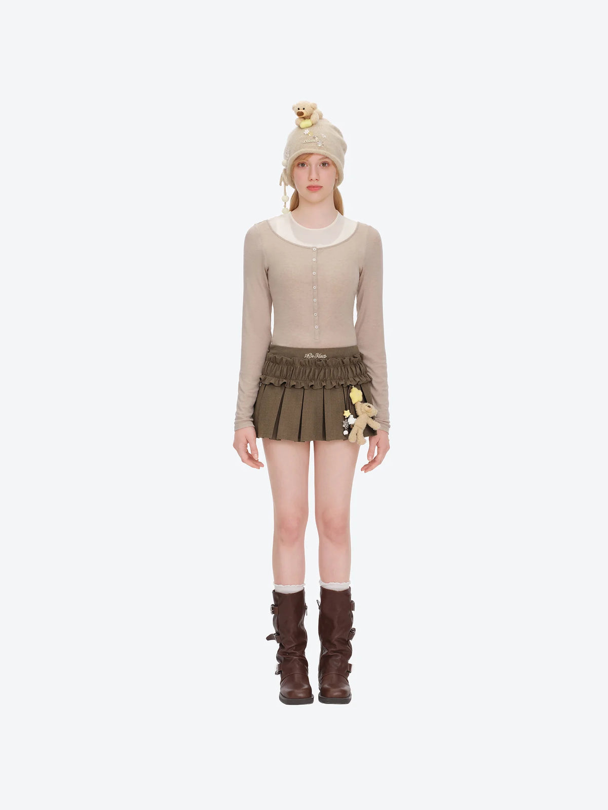 13DE MARZO Luminous Doozoo Lace Pleated Dress Brown