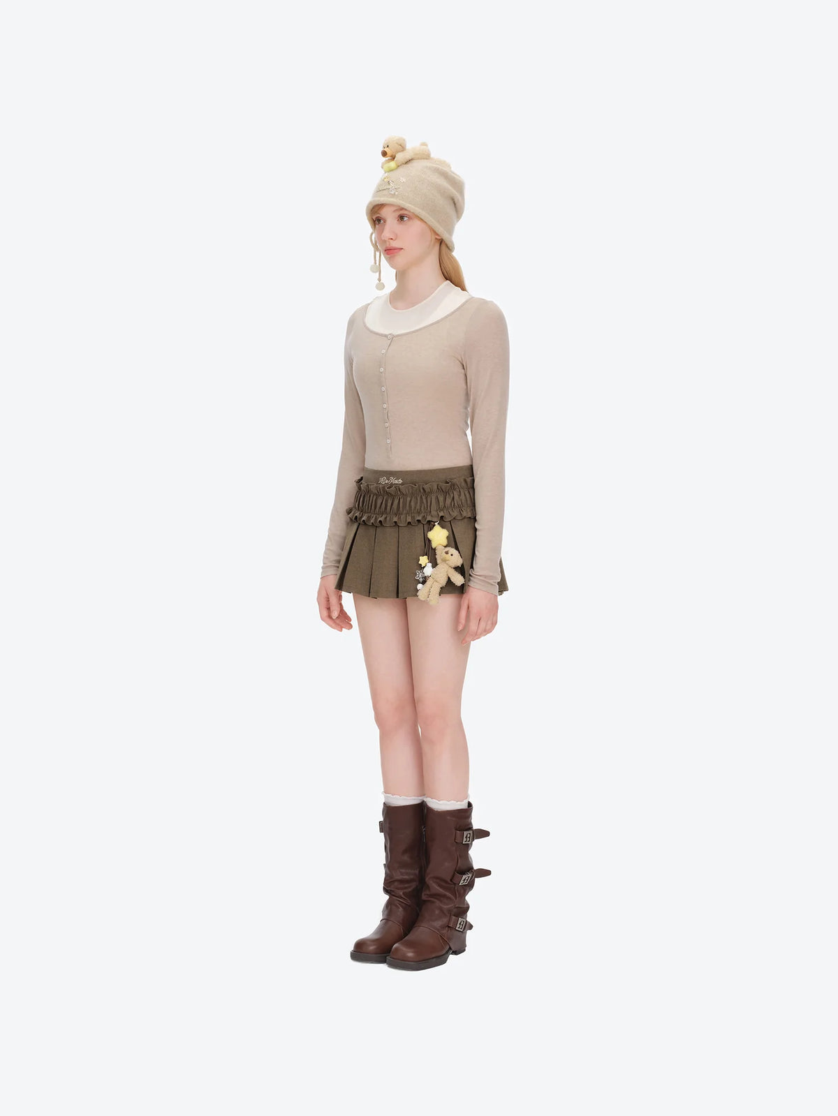 13DE MARZO Luminous Doozoo Lace Pleated Dress Brown