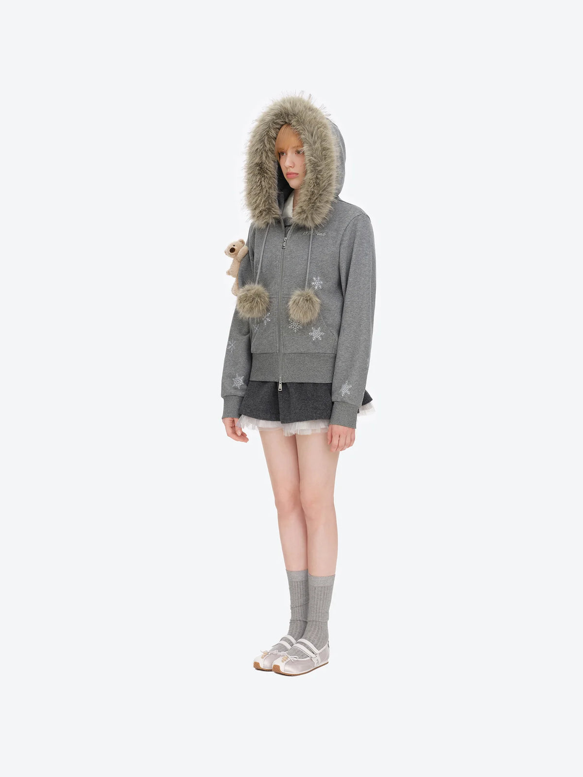 13DE MARZO Shimmer Snow Bear Zip Hoodie Grey